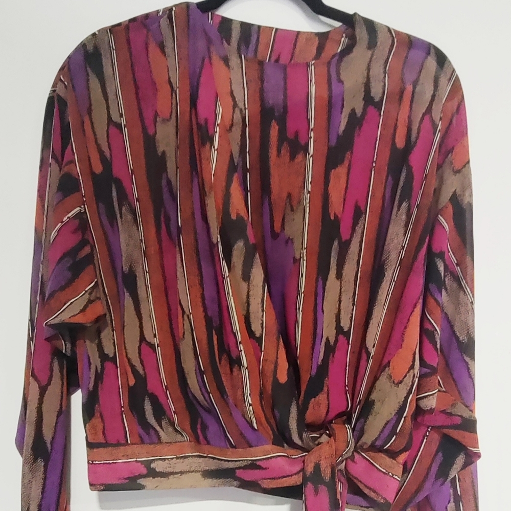 Vintage multi-color sheer blouse with waist bow. Perfect with summer shorts!